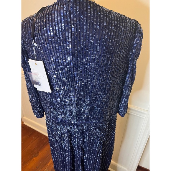 Mac Duggal 5578 size 20Navy Blue Sequin Wrap V Neck Puff Sleeve Midi Dress - Picture 8 of 14